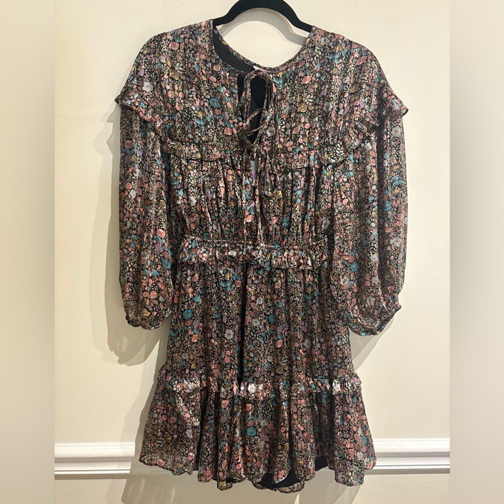 BuddyLove Lily Black Floral Satin Ruffle Mini Dress - NWT Small - Picture 2 of 7